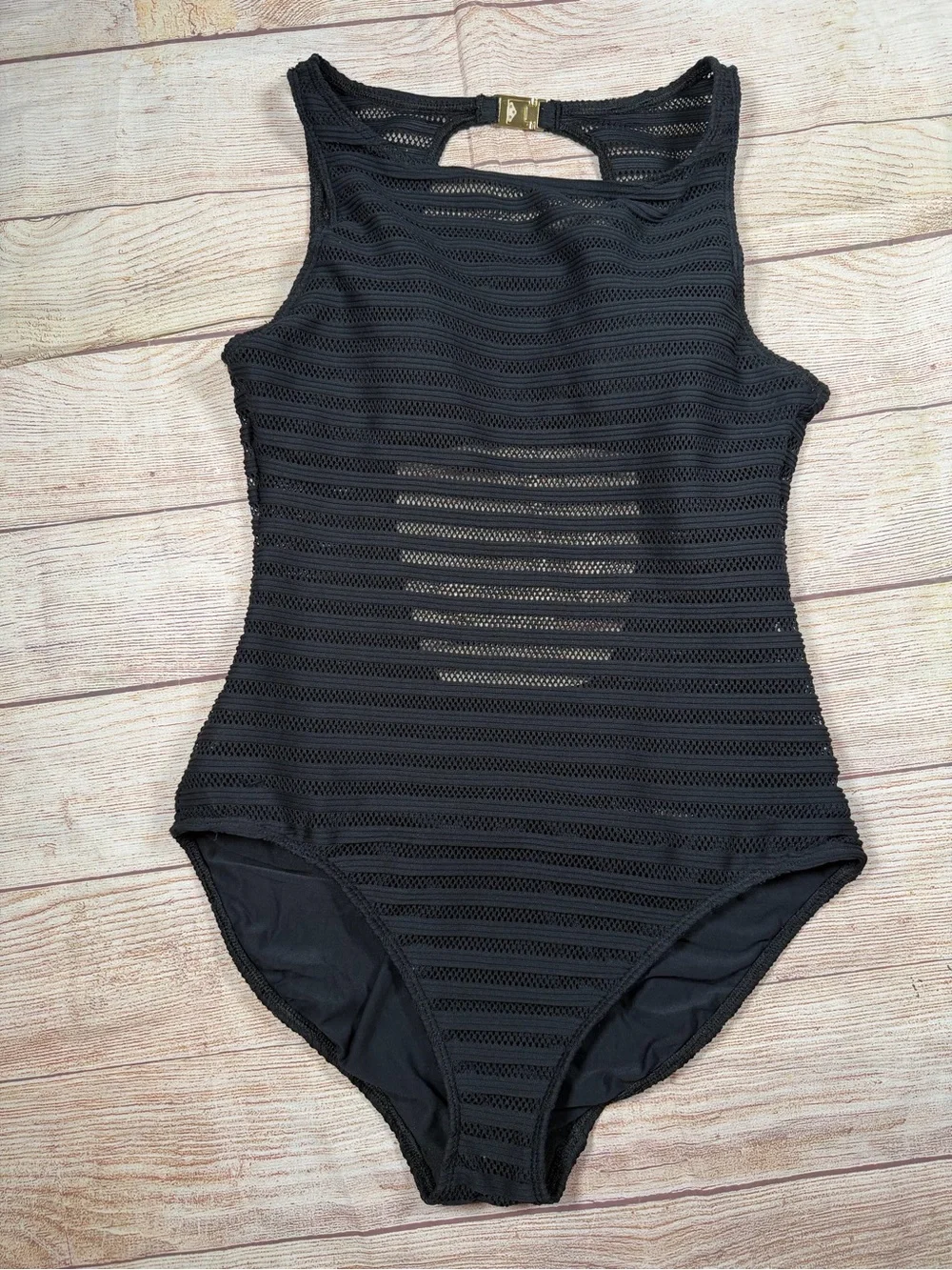 Lauren Ralph Lauren Black Striped Mesh One-Piece Swimsuit